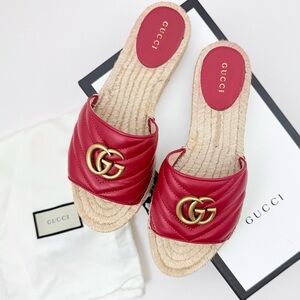 Gucci Charlotte Matelesse Espadrille Marmont Slide Sandal Hibiscus Red Leather 8